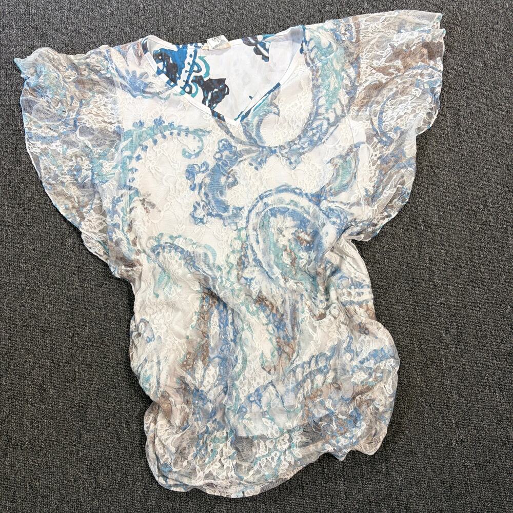 Vintage Y2k Coastal Fiary Lace White Light Blue Flutter Sleeve Women's Top Small